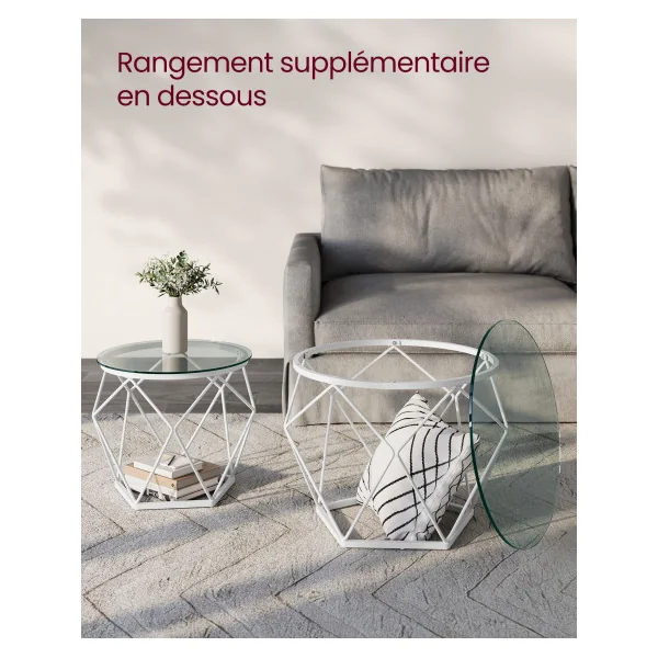 2 Tables basses rondes plateau amovible transparent blanc Table de Salon Tendance