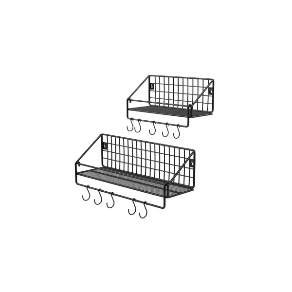 2 Étagères Murale Métal Noir Grille Etagère Cuisine Industrielle 10 Crochets