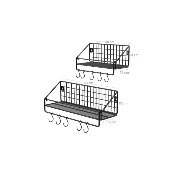 2 Étagères Murale Métal Noir Grille Etagère Cuisine Industrielle 10 Crochets