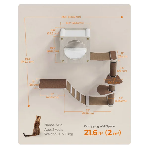 Arbre Chat Mural Ensemble de 5 Meubles Chat Muraux Escalier Étagère Suspendue Hamac Poteau à Griffe Niche