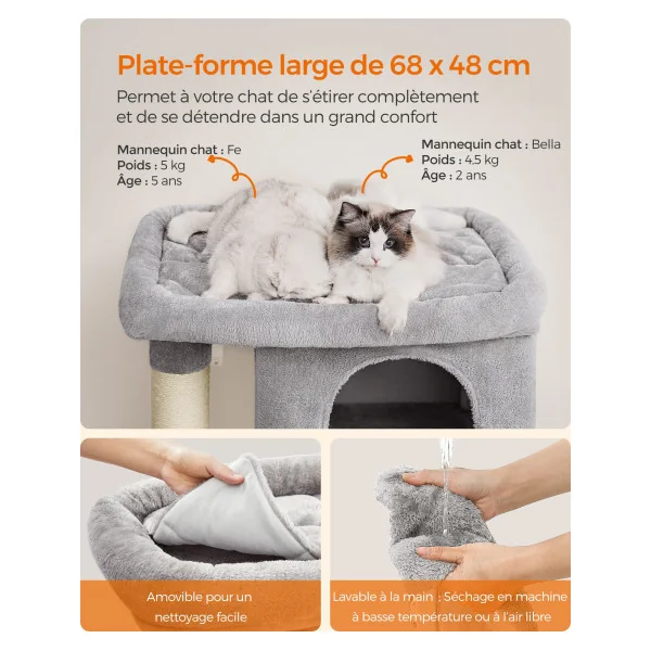 Arbre à chat 101 cm avec 2 Niches Luxueuses avec Griffoir Gris Clair
