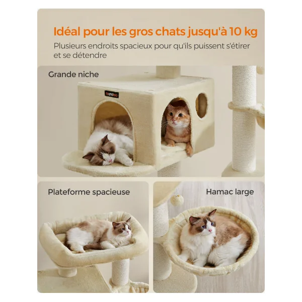 Arbre à Chat 107 cm Beige Plate-Forme d'Observation Troncs Epais en Sisal