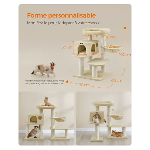 Arbre à Chat 107 cm Beige Plate-Forme d'Observation Troncs Epais en Sisal