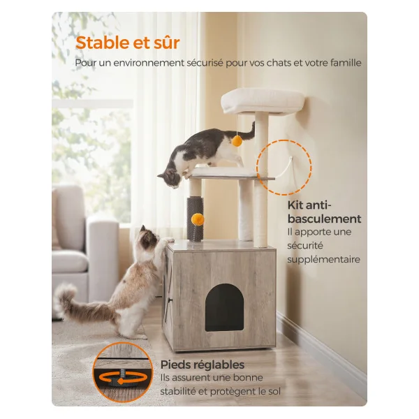 Arbre à Chat 134 cm avec Maison de Toilettes Grège pour Litière Niche pour Chat