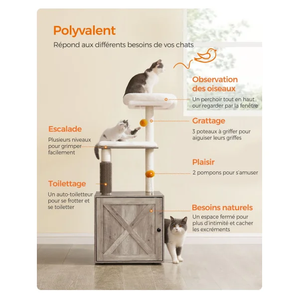 Arbre à Chat 134 cm avec Maison de Toilettes Grège pour Litière Niche pour Chat