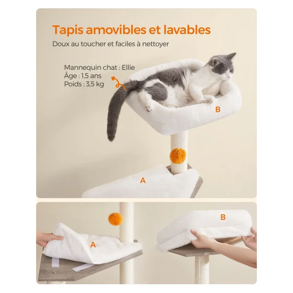 Arbre à Chat 134 cm avec Maison de Toilettes Grège pour Litière Niche pour Chat