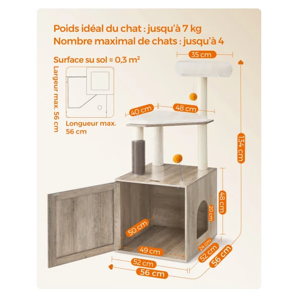 Arbre à Chat 134 cm avec Maison de Toilettes Grège pour Litière Niche pour Chat