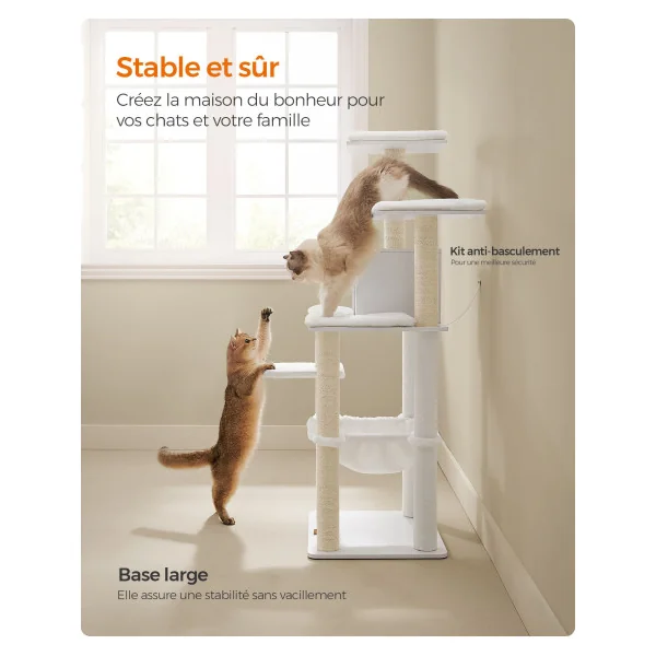 Arbre à Chat 138 cm avec Tour de Jeux Blanc avec Niche et Griffoir
