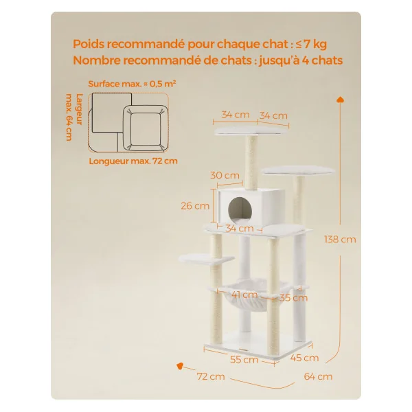 Arbre à Chat 138 cm avec Tour de Jeux Blanc avec Niche et Griffoir