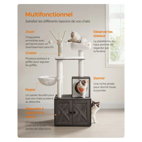 Arbre à Chat 140 cm avec Maison de Toilettes Gris Brumeux