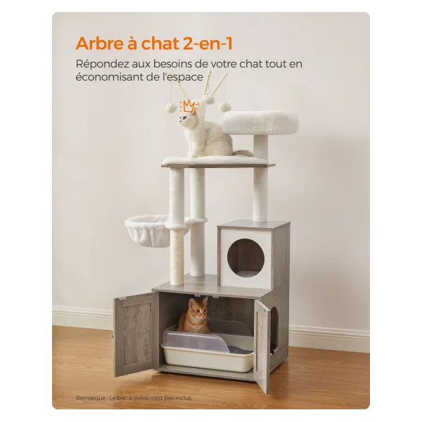Arbre à Chat 140 cm avec Maison de Toilettes Grège