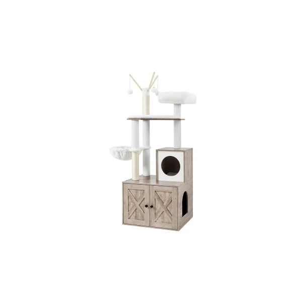 Arbre à Chat 140 cm avec Maison de Toilettes Grège