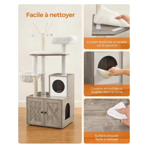 Arbre à Chat 140 cm avec Maison de Toilettes Grège