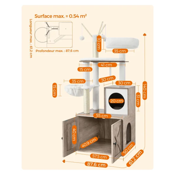 Arbre à Chat 140 cm avec Maison de Toilettes Grège