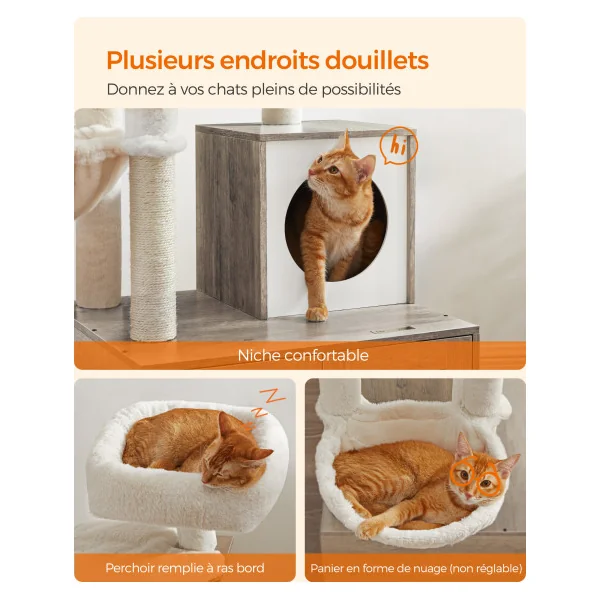 Arbre à Chat 140 cm avec Maison de Toilettes Grège