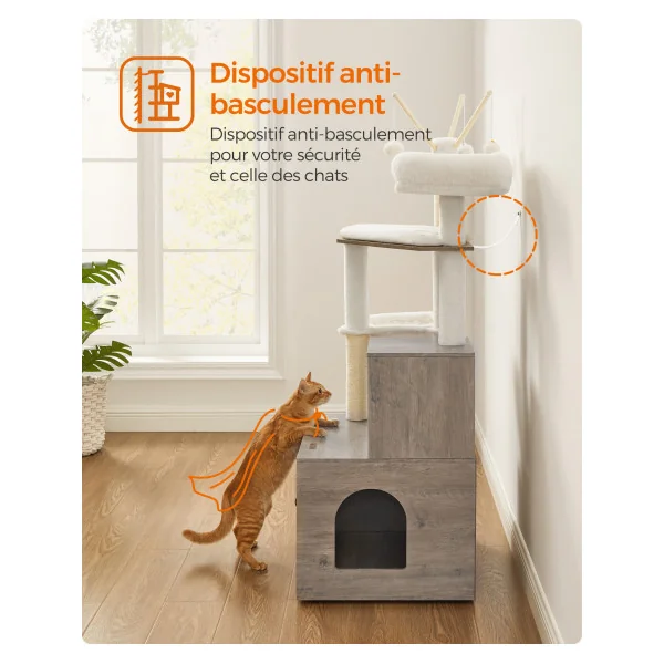 Arbre à Chat 140 cm avec Maison de Toilettes Grège