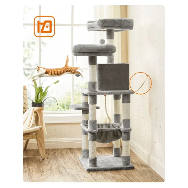 Arbre à Chat 143 cm Gris avec Niche Griffoir Chat Moderne