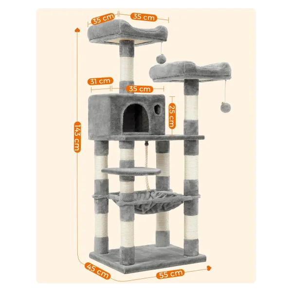 Arbre à Chat 143 cm Gris avec Niche Griffoir Chat Moderne