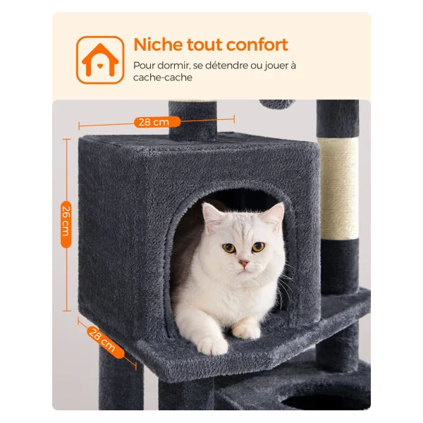 Arbre à Chat 155 cm Multi-Niveaux Gris Foncé Griffoir Chat avec Niche