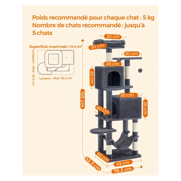 Arbre à Chat 155 cm Multi-Niveaux Gris Foncé Griffoir Chat avec Niche