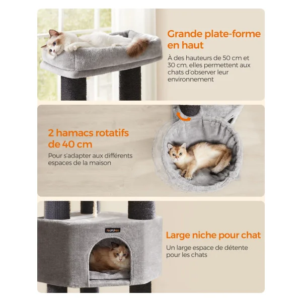 Arbre à Chat 160 cm Gris Tourterelle Noir Poteaux à Griffer Niche Hamacs Plateformes Corde en Sisal
