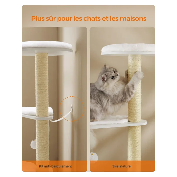 Arbre à Chat 165 cm avec 9 Griffoirs Blanc Nuage Niche et Pompon Intégré
