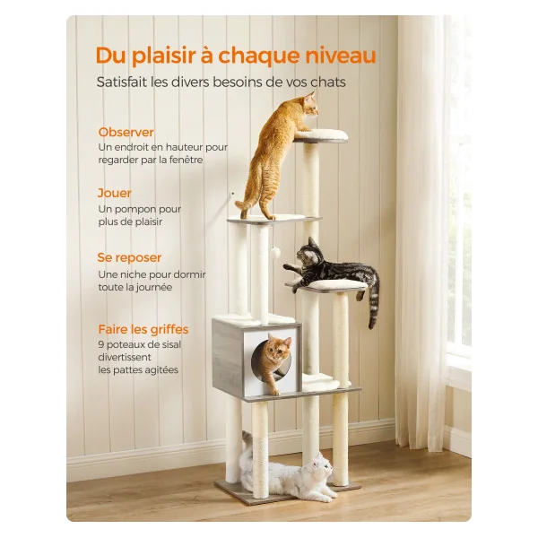 Arbre à Chat 165 cm Tour de Jeux Moderne 9 Griffoirs Grège Chiné