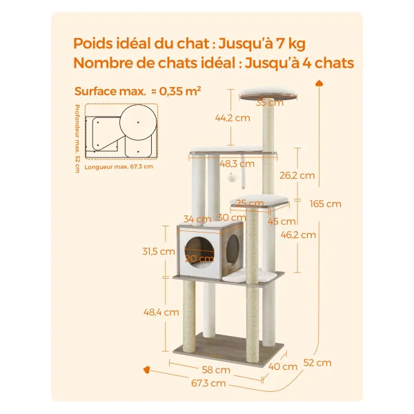 Arbre à Chat 165 cm Tour de Jeux Moderne 9 Griffoirs Grège Chiné