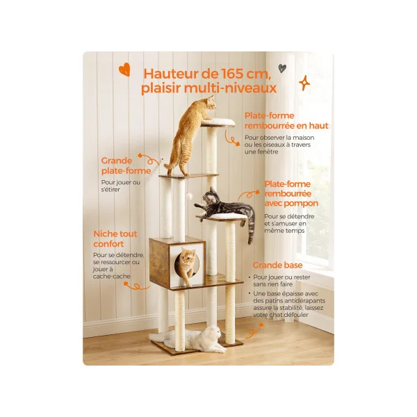 Arbre à Chat 165 cm Tour de Jeux Moderne Multi-niveaux Marron Rustique 5 Griffoirs 1 Niche