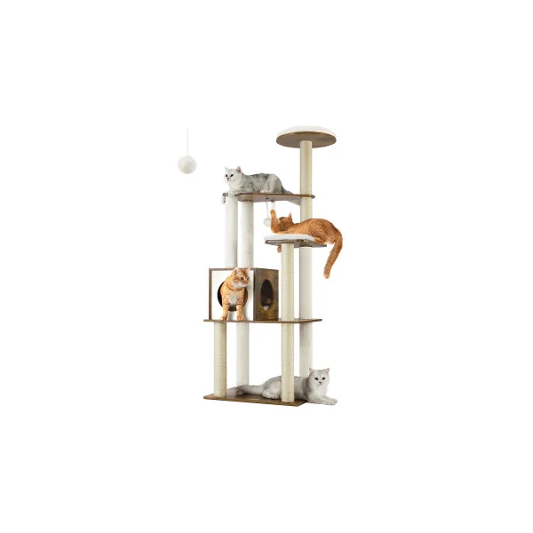 Arbre à Chat 165 cm Tour de Jeux Moderne Multi-niveaux Marron Rustique 5 Griffoirs 1 Niche