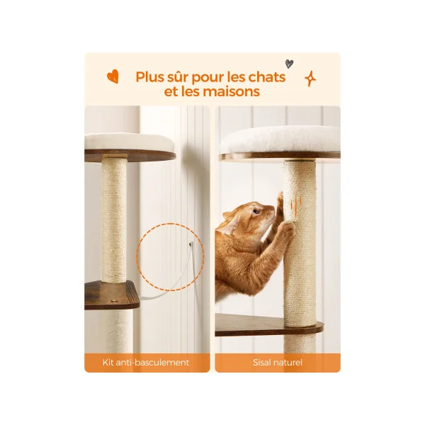 Arbre à Chat 165 cm Tour de Jeux Moderne Multi-niveaux Marron Rustique 5 Griffoirs 1 Niche