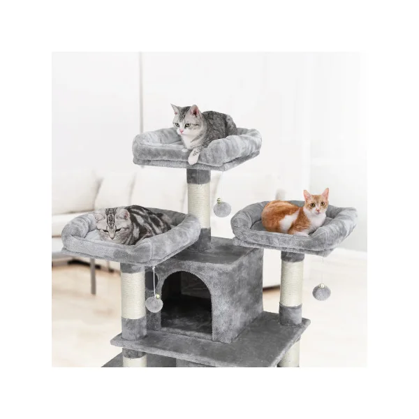 Arbre à Chat 172 cm Gris Clair 3 Plate-Formes d'Observation 2 Grottes Troncs Epais en Sisal