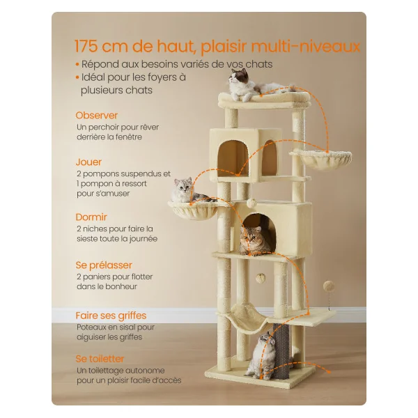Arbre à Chat 175 cm Beige Tour de Jeu Chat 2 Niches 2 Paniers 5 Griffoirs