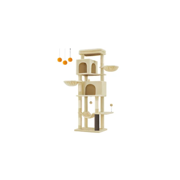 Arbre à Chat 175 cm Beige Tour de Jeu Chat 2 Niches 2 Paniers 5 Griffoirs