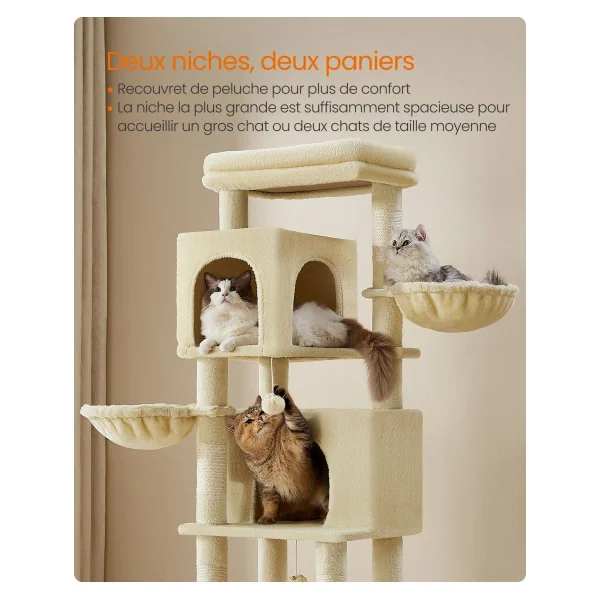 Arbre à Chat 175 cm Beige Tour de Jeu Chat 2 Niches 2 Paniers 5 Griffoirs