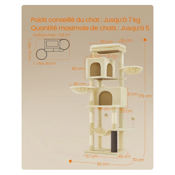 Arbre à Chat 175 cm Beige Tour de Jeu Chat 2 Niches 2 Paniers 5 Griffoirs