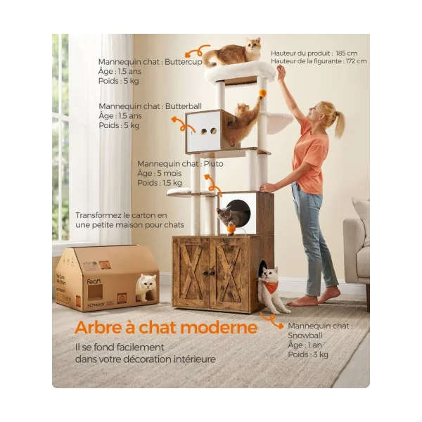 Arbre à Chat 185 cm avec Cache-Litière Moderne Tour de Jeu avec Griffoir et Maison de Toilette
