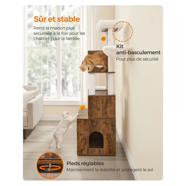 Arbre à Chat 185 cm avec Cache-Litière Moderne Tour de Jeu avec Griffoir et Maison de Toilette