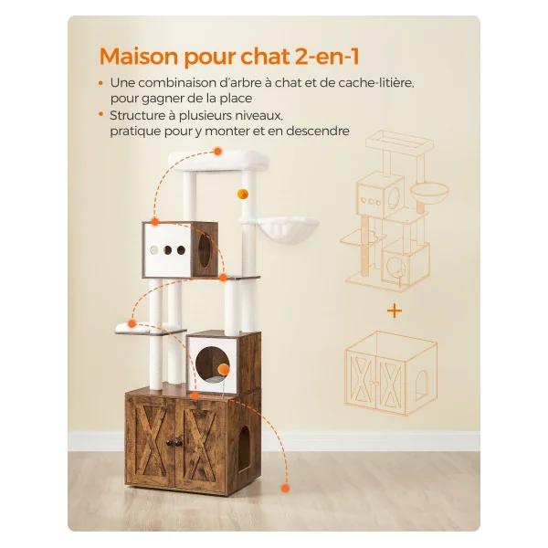 Arbre à Chat 185 cm avec Cache-Litière Moderne Tour de Jeu avec Griffoir et Maison de Toilette