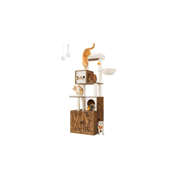 Arbre à Chat 185 cm avec Cache-Litière Moderne Tour de Jeu avec Griffoir et Maison de Toilette