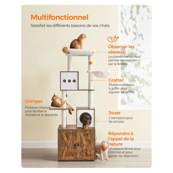 Arbre à Chat 185 cm avec Cache-Litière Moderne Tour de Jeu avec Griffoir et Maison de Toilette