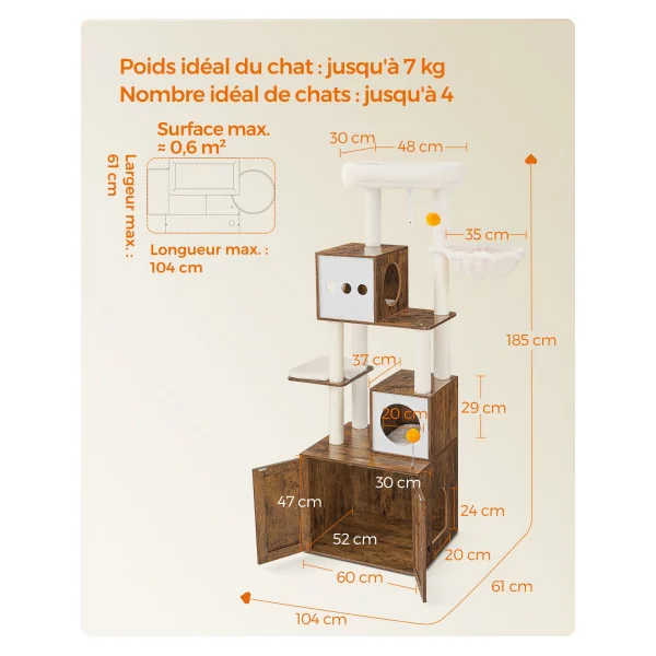 Arbre à Chat 185 cm avec Cache-Litière Moderne Tour de Jeu avec Griffoir et Maison de Toilette