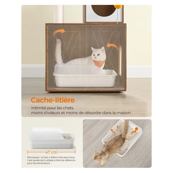 Arbre à Chat 185 cm avec Cache-Litière Moderne Tour de Jeu avec Griffoir et Maison de Toilette