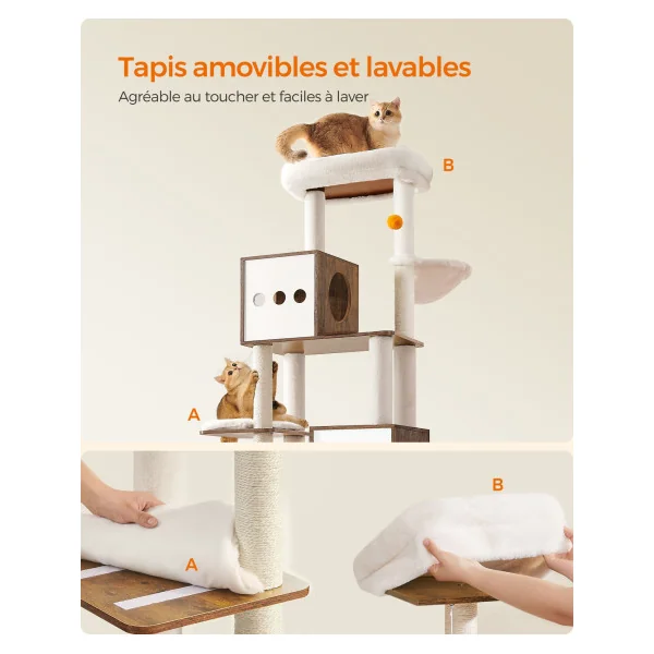 Arbre à Chat 185 cm avec Cache-Litière Moderne Tour de Jeu avec Griffoir et Maison de Toilette