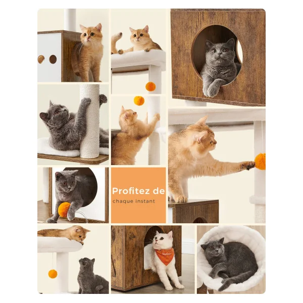 Arbre à Chat 185 cm avec Cache-Litière Moderne Tour de Jeu avec Griffoir et Maison de Toilette