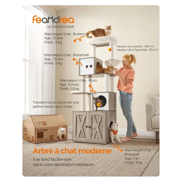 Arbre à Chat 185 cm avec Cache-Litière Moderne Tour de Jeu Griffoir avec Maison de Toilette Grége
