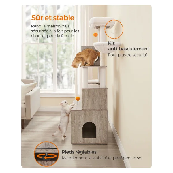 Arbre à Chat 185 cm avec Cache-Litière Moderne Tour de Jeu Griffoir avec Maison de Toilette Grége