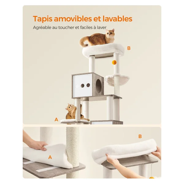 Arbre à Chat 185 cm avec Cache-Litière Moderne Tour de Jeu Griffoir avec Maison de Toilette Grége