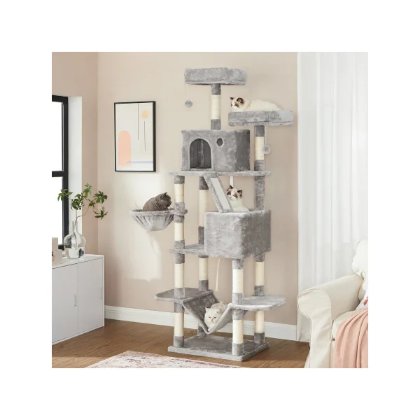 Arbre à Chat 206 cm Gris Clair avec Niche Hamac Griffoir Chat