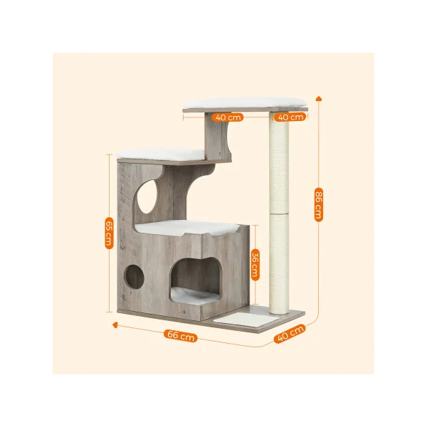 Arbre à chat 86 cm Grège et Blanc 3 Plate-formes et 1 Grotte Placage Bois